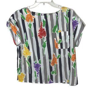 Alice Petite Vintage Blouse Multicolor Floral Pocket Light Weight Airy Sz 12
